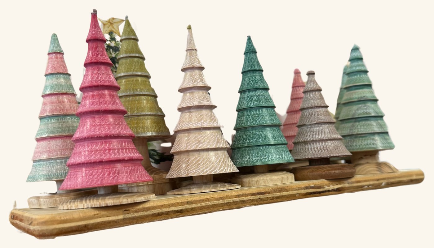 Hand-turned wooden trees and spinning tops